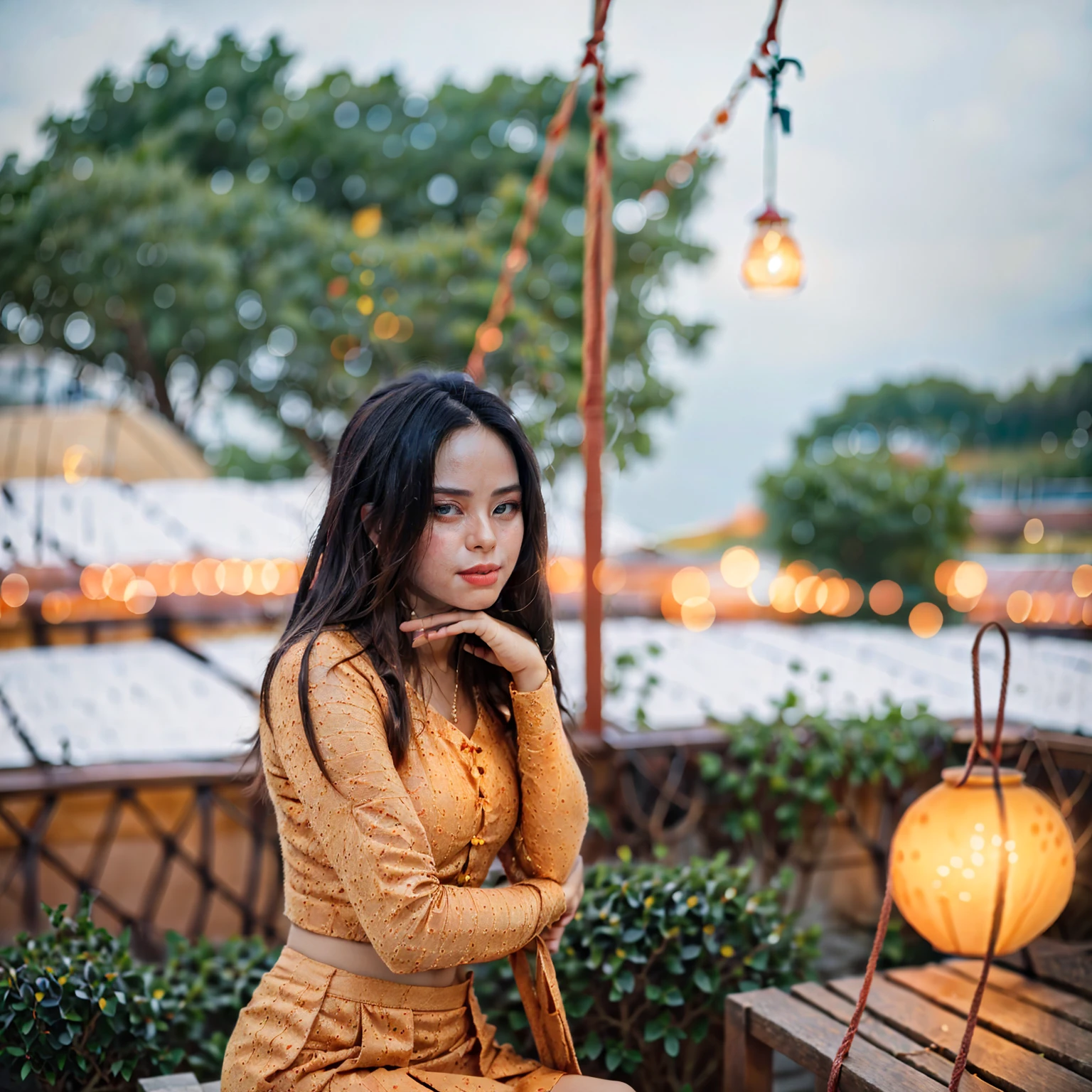 Burmese beautiful woman, 1 girl, solo, pretty lady MoonLay, innocent cute smile, red lips, (stylishly sitting on a stool and seductively gazing to the sky pose:1.5), smooth face skin, traditional beauty, cinematic portrait glow lighting, traditional dress, (white shirt:1.3), (red skirt:1.3), (half body portrait view:2), (rooftop balcony with vibrant colorful hanging lanterns background:1.5), (cinematic bokeh blur background:1.5), (cinematic camera angle), cinematic lighting, perfect anatomy,