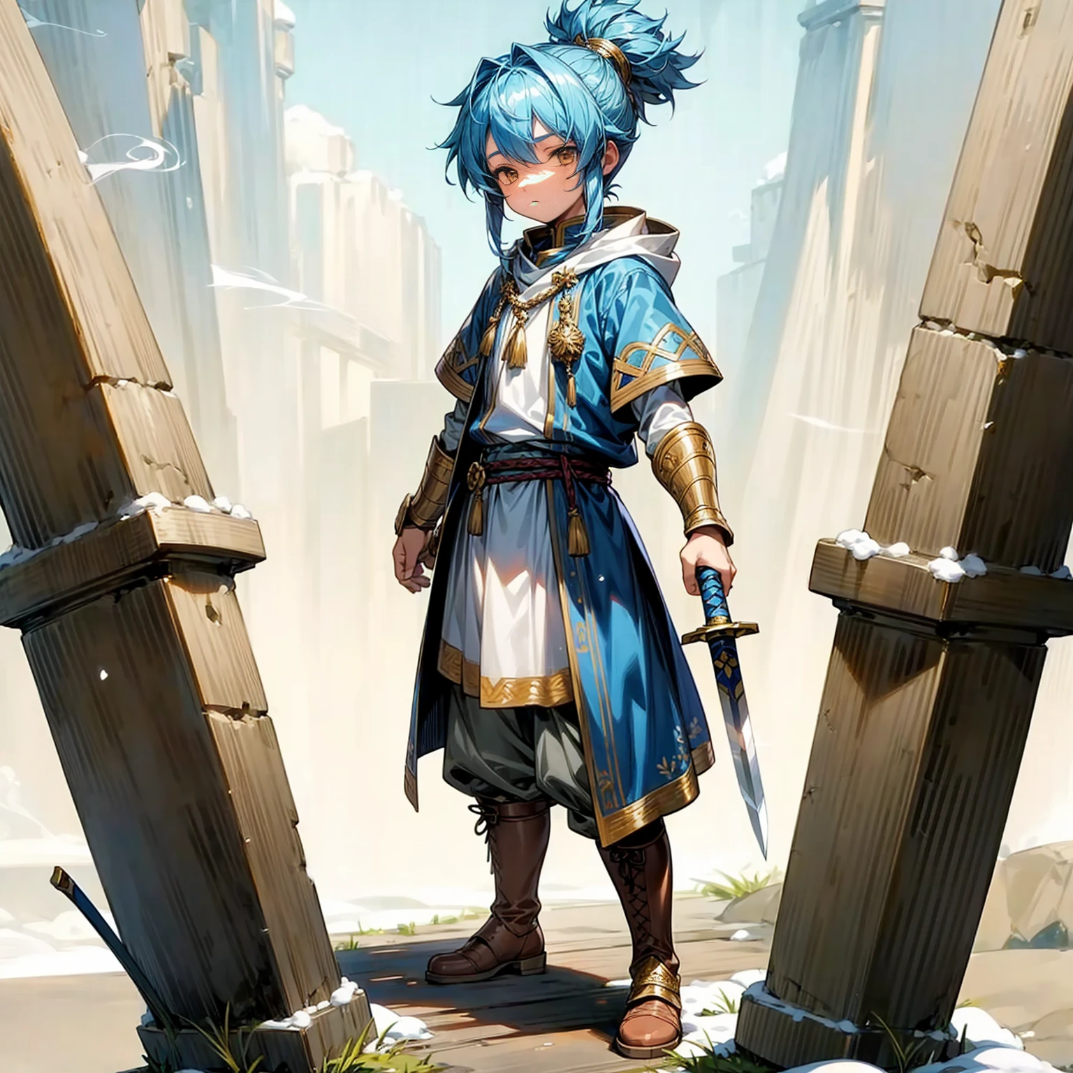 Boy, Full background in snow town, gold color eyes, short hairstyle, blue colour hair, motion blur, lighting, sword in hand, boots, ancient roman clothing, smoke effect, armors 
