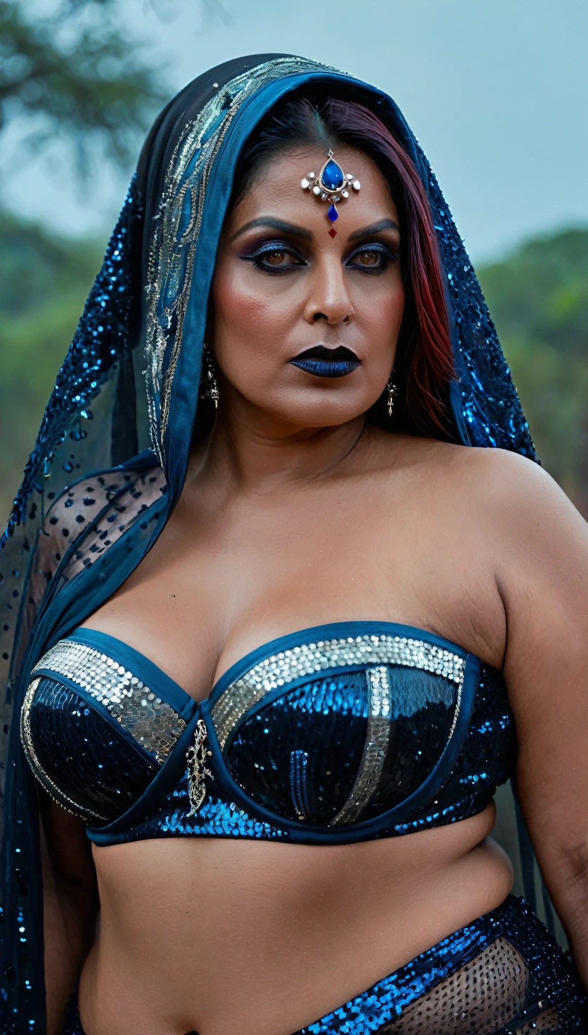 Looks like Indrani Haldar, full body Closeup shot, Big chubby aunty, milf, cougar lady witch, horny Gothic milf, 70 years old gorgeous mature lady, pervert demoness, demoness of lust, curvy, black lips, horny face, extremely gorgeous, thick figure, heavy physique, voluptuous, curvy, sexy figure, Fashionable portrait of androgynous alien looking witch wearing veil, glowing eyes, futuristic design, minimal details, givenchy, photoreal, 200mm, hd, f/ 2.0, highly detailed, surreal, sexy beautiful evil woman, sexy bold sequin Saree with strapless Bra, chudail, Pishachini, horror genre, blood-thirsty enchantress, powerful female spirit, eerie, drop dead, in the style of red and blue, (intricate details, hyperdetailed:1.15) (skin texture:1.2), dark Moody tone, cinematic lighting, haunted place in background,