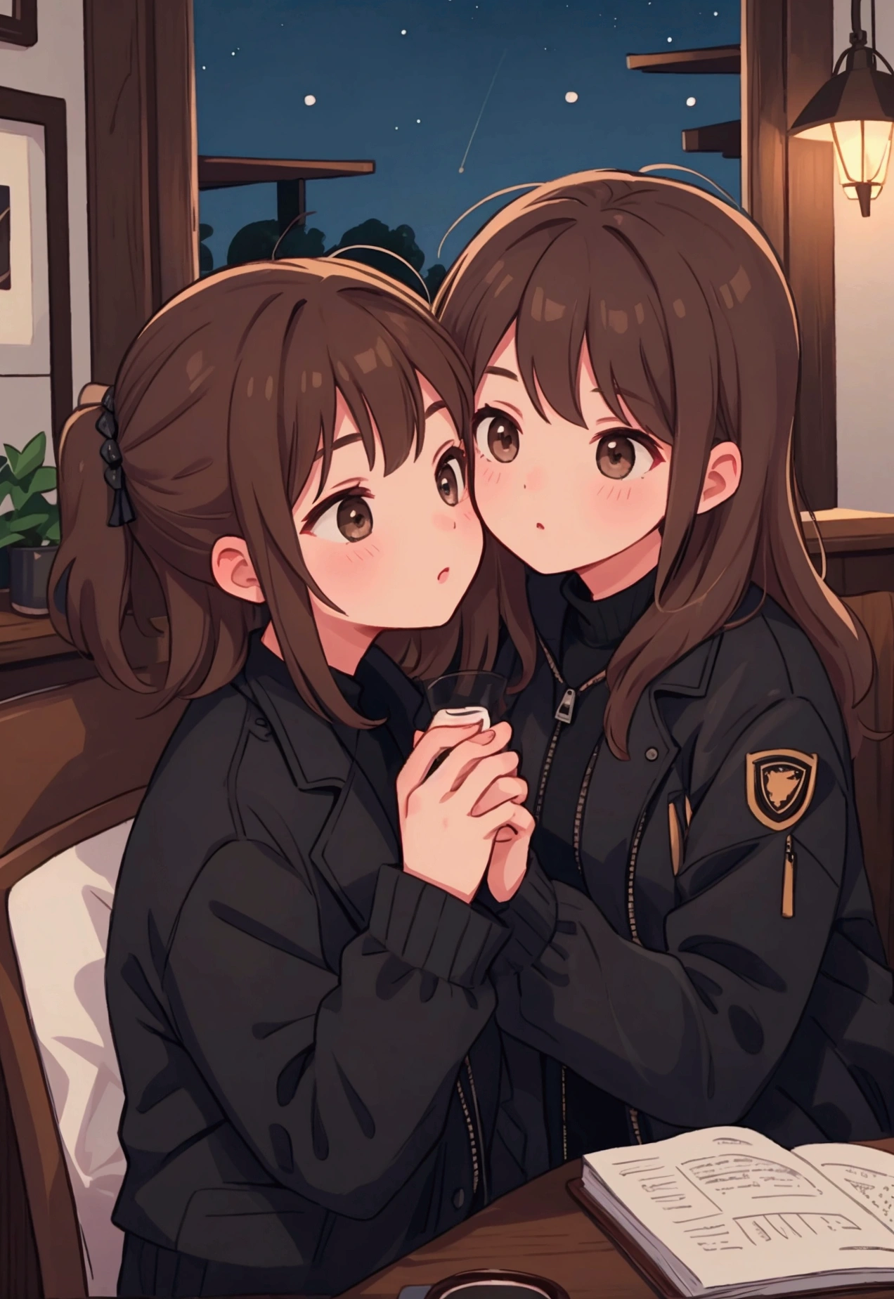a couple kissing , male and female, brown hair, night time, black jacket