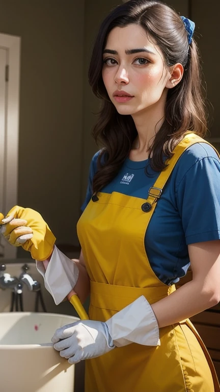 A cleaning woman Ultra realistic with hand covering mouth 