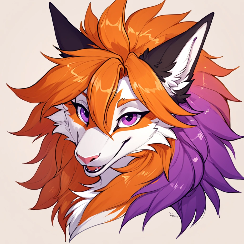 male, (((sergal:1.1))), open mouth, blushed, orange fur, fluffy, (cute:1.1), looking at viewer, fisheye, back, purple eyes, (lineart), (sketch:1.1),headshot, big hair, (orange lush hairstyle:1.2), painted by redishdragie, by inno-sjoa, by Milkytiger1145, by FRUSHA, Sonsasu, contour_light,