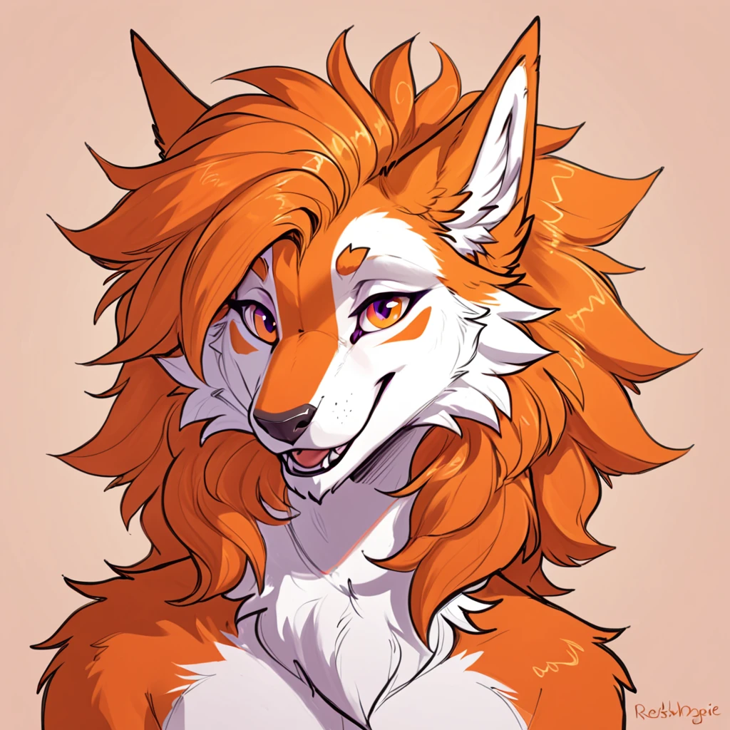 male, (((sergal:1.1))), open mouth, blushed, orange fur, fluffy, (cute:1.1), looking at viewer, fisheye, back, purple eyes, (lineart), (sketch:1.1),headshot, big hair, (orange lush hairstyle:1.2), painted by redishdragie, by inno-sjoa, by Milkytiger1145, by FRUSHA, Sonsasu, contour_light,