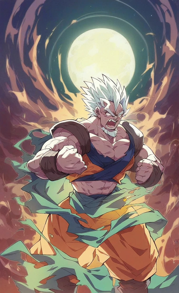 A captivating illustration of an elderly Vegeta, the legendary Saiyan warrior, in a dark fantasy setting. His once youthful features now weathered with age, a long white beard framing his determined face. His iconic orange gi peeks out from beneath a tattered, dark robe, the power pole clenched firmly in his hand. The background is a haunting forest, twisted trees reaching towards the sky, their branches casting eerie shadows on the ground. The full moon casts its silvery light, illuminating the scene as Vegeta stands tall, ready to face any challenge that lies ahead in this mysterious and ominous landscape., anime, dark fantasy, photo, illustration