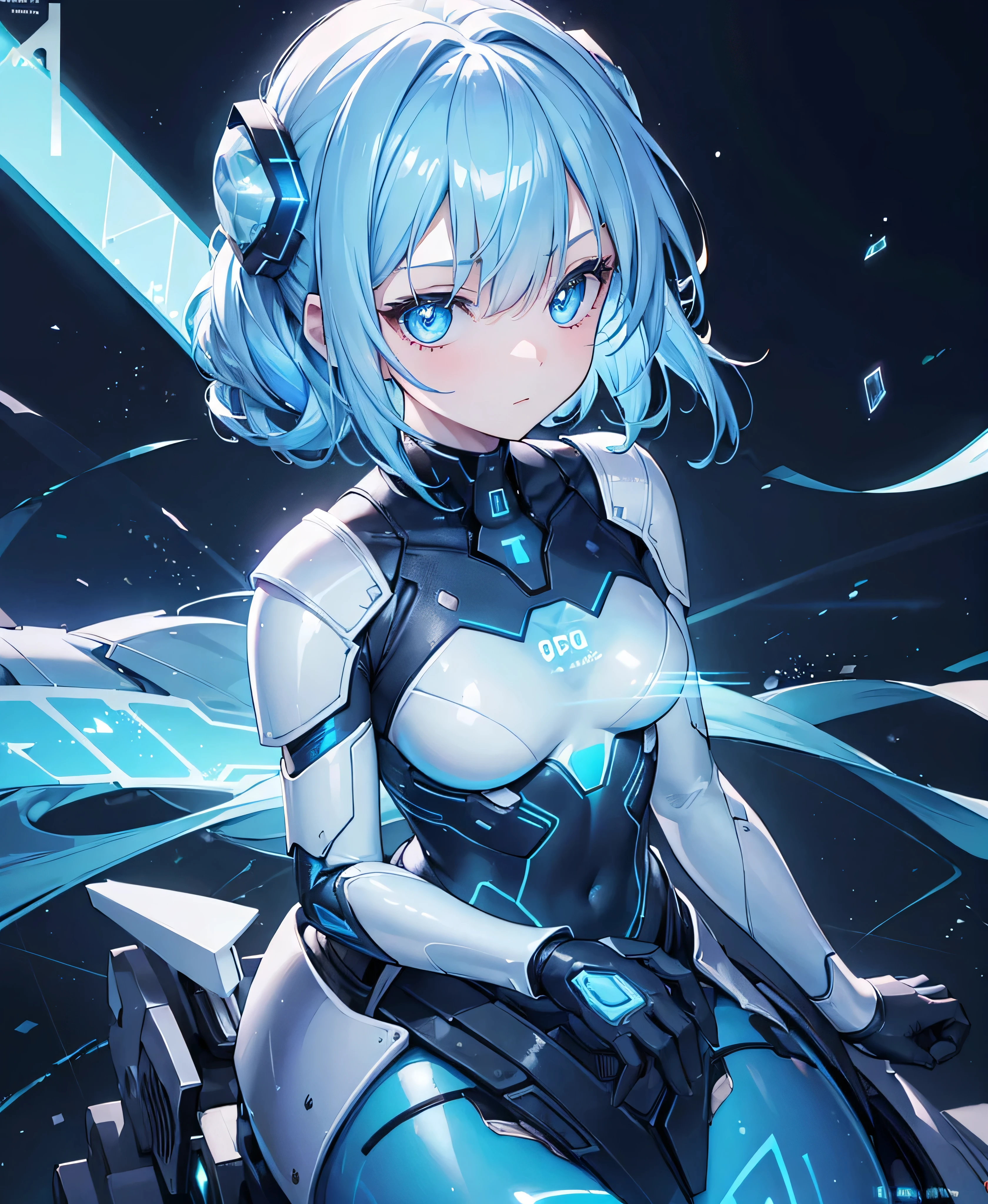 ((Holographic glow effect)),8k, Highest quality, (real:1.4), Original photo, 1 girl, Asari Hair, Biological Amplifier, refined armor, posture: Peace talks between warring factions, smart blue eyes,whole body