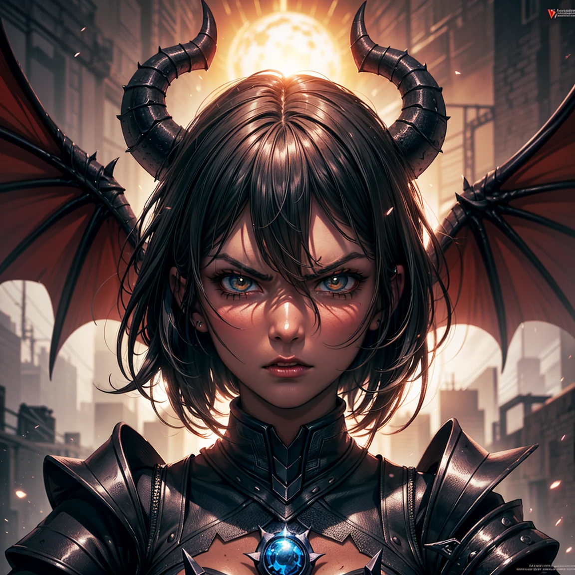(High Detail:1.2) Anime Girl, (Best quality, Detailed), (dark and angry, gravelly:1.3, dark:1.2), 1girl, (solo), ILLIDAN, World of Warcraft, (Demonic wings, pointed horns:1.3, dark black skin), two blades of Azzinoth, short bob hair, black hair, yellow eyes, tanned skin, sinister, intense look, background dark, Volumetric light, hyper realistic, super detailed, Dynamic pose, (very sexy body, detailed face, detailed eyes, masterpiece, highly detailed, 8k, best quality, vibrant colors, digital art, concept art)