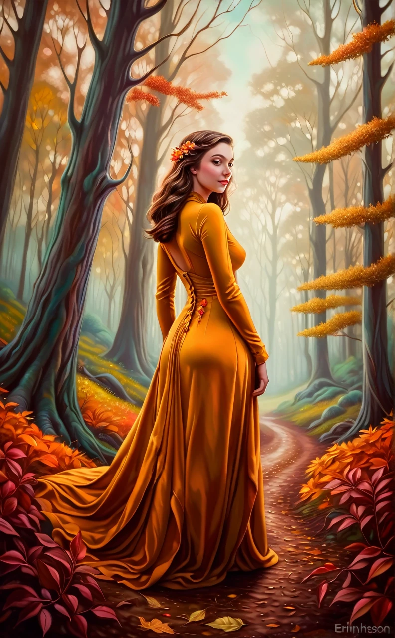 fracolor forest, (oil painting:1.5), oil painting of a 30 yo woman in a forest, dressed in flowers, a fine art painting inspired by Hopper, detailed, by erin hansen, renaissance modern, in the autumn, late autumn, a 30yo goddess of autumn, romanticism oil painting, beautiful autumn spirit, (NSFW: 0.0269), fine art, tasteful
