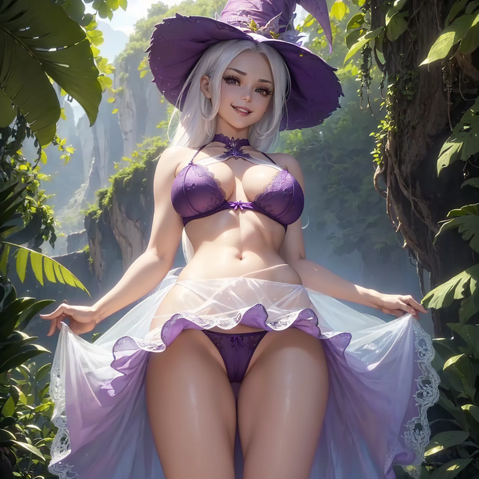 (((beautiful female body))),(((trixie as a sweet charming hot seductive horny model))), (((very long blue white hair))) ,(((stand next to valley hands behind head)))), (((outdoor))),(((jungle in background))),(((lewd and erotic posing))), (((happy wicked smile))) ,(((wear light purple sheer lace transparent see through very short bra))) , (((((upskirt view))))) , (((witch hat))),breasts are visible , (((wear high heels))) , (((full body))),golden bracelets , (((perfect breasts))) , lush breasts , Bulky Breasts , voluminous breasts ,(((peeping the viewer))),(((bare belly))),(((side close upskirt view)))