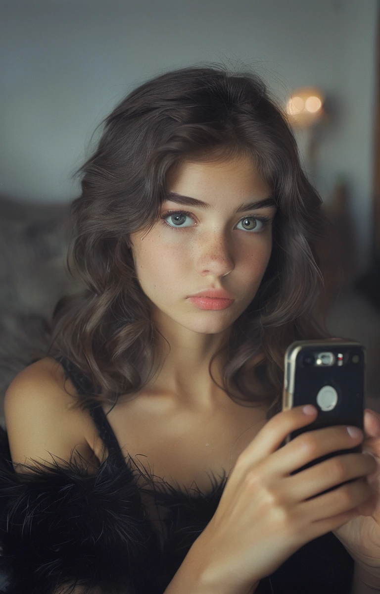 A 20 year old girl taking a selfie . black fur ,black eyes , mestiza . 