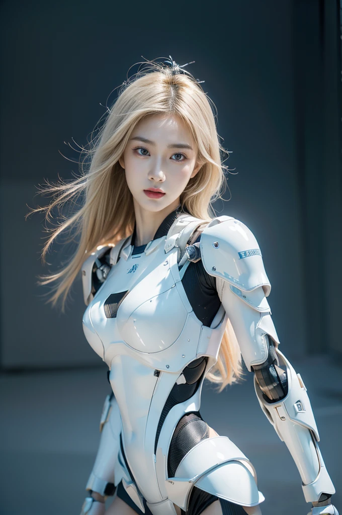 best quality, 1080P, Masterpiece, Whole body photo, Ultra high resolution, photorealistic photo, ultra realism, Realistic skin texture, light blonde hair, Extreme skin detail, dslr, Detailed eyes, Facing the camera, Very beautiful face, Firm facial structure, Pale skin, Realistic skin texture, Extreme skin detail, oc render reflection textures, Realistic light and shadow, One picture, alone, The body is slender and balanced.., Age 20, Height 170, สาวbare, bare, no underwear, A girl with the body of a mechanical robot.., Transparent futuristic black glass mech armor., Transparent light blue armor, The mechanical cervix is stuck in the neck.., Flat stomach, Woman with perfect mechanical arms and legs, full body view, Whole body photo,