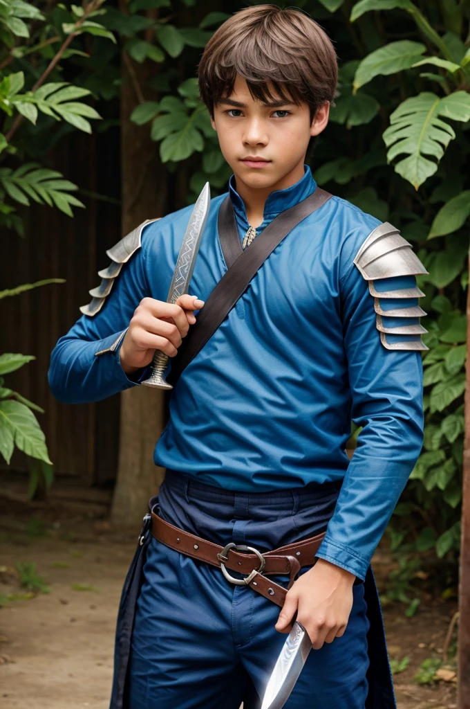A teenafe boy holdong blue blade sword in his hands