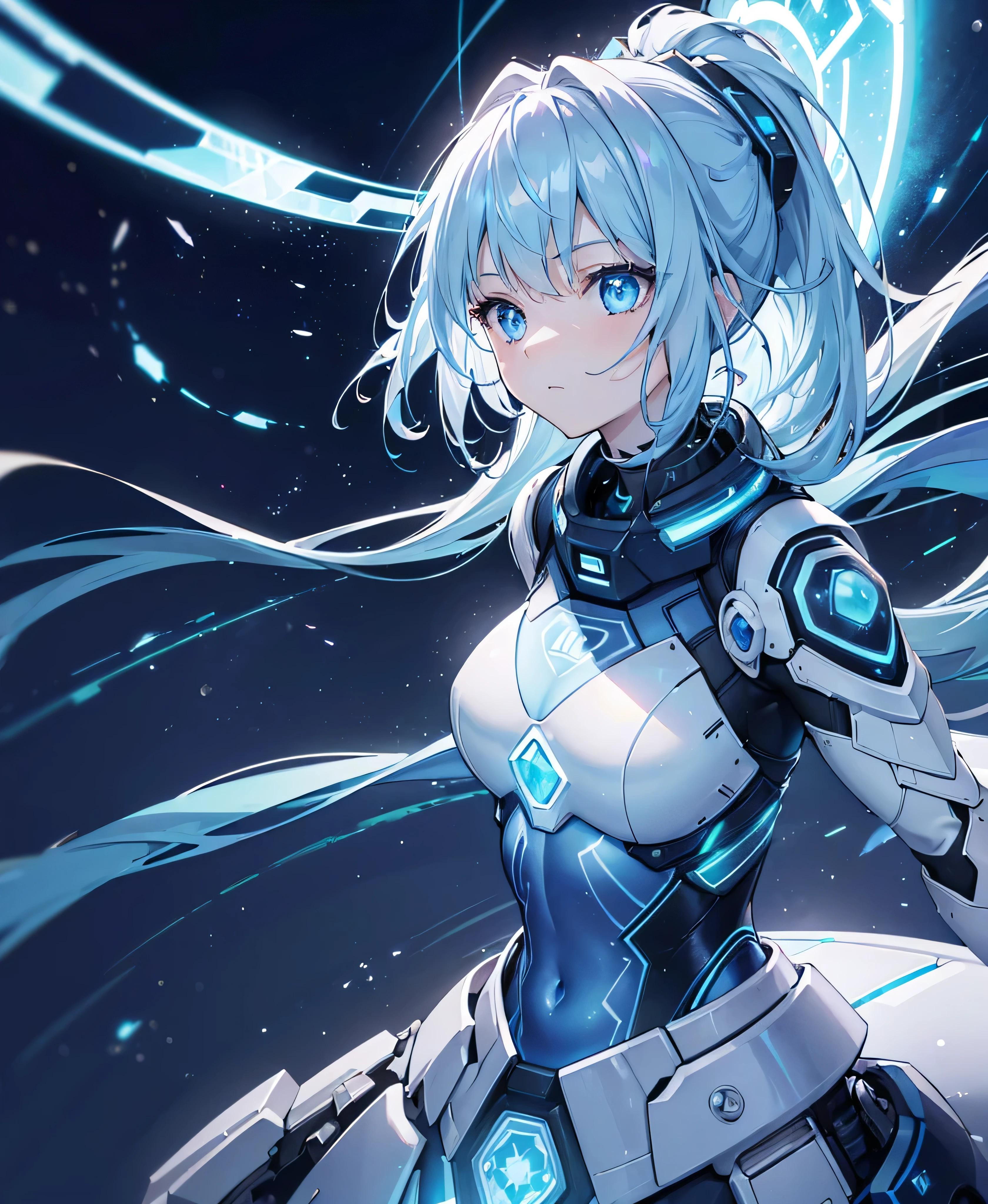 ((Holographic glow effect)),8k, Highest quality, (real:1.4), Original photo, 1 girl, Asari Hair, Biological Amplifier, refined armor, posture: Peace talks between warring factions, smart blue eyes,whole body,Vortex of Light,Band of Light,Wind of Light