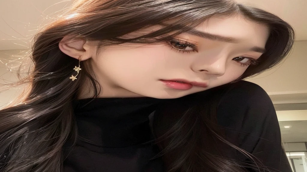 a close up of a woman with long hair wearing a black shirt, ulzzang, blackpink jennie, jinyoung shin, jisoo of blackpink, jossi of blackpink, jisoo from blackpink, korean girl, heonhwa choe, portrait jisoo blackpink, lee ji - eun, lee ji-eun, jaeyeon nam, wan adorable korean face, Karina aespa, Karina 