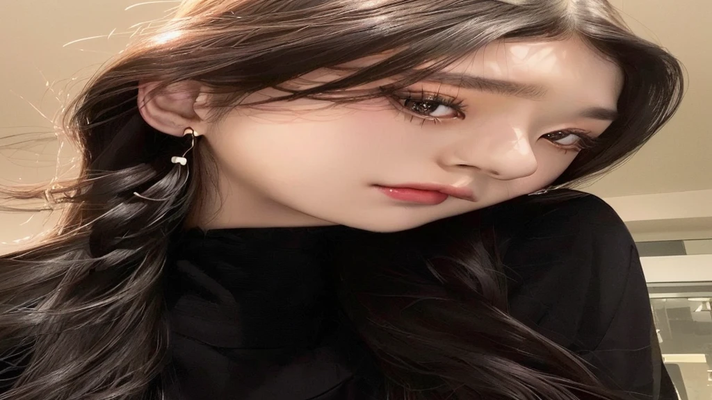 a close up of a woman with long hair wearing a black shirt, ulzzang, blackpink jennie, jinyoung shin, jisoo of blackpink, jossi of blackpink, jisoo from blackpink, korean girl, heonhwa choe, portrait jisoo blackpink, lee ji - eun, lee ji-eun, jaeyeon nam, wan adorable korean face, Karina aespa, Karina 