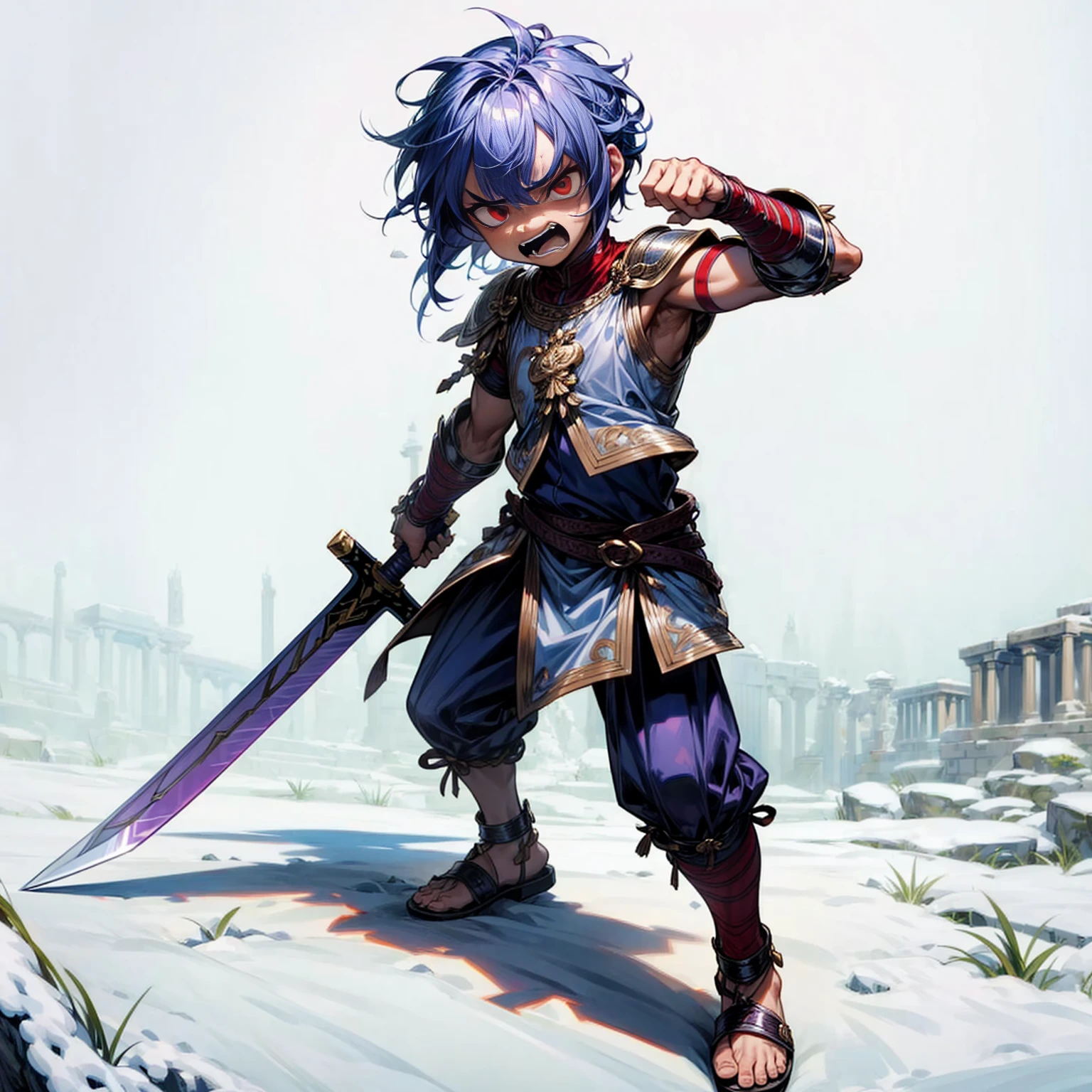 Kid Boy, muscle, Full background in snow Castle, red eyes, angry, angry eyes, short Curly hairstyle, purple colour hair, motion blur, lighting, gold armor, sword in hand, sandals, ancient Greek clothing, smoke effect, angry, angry eyes 