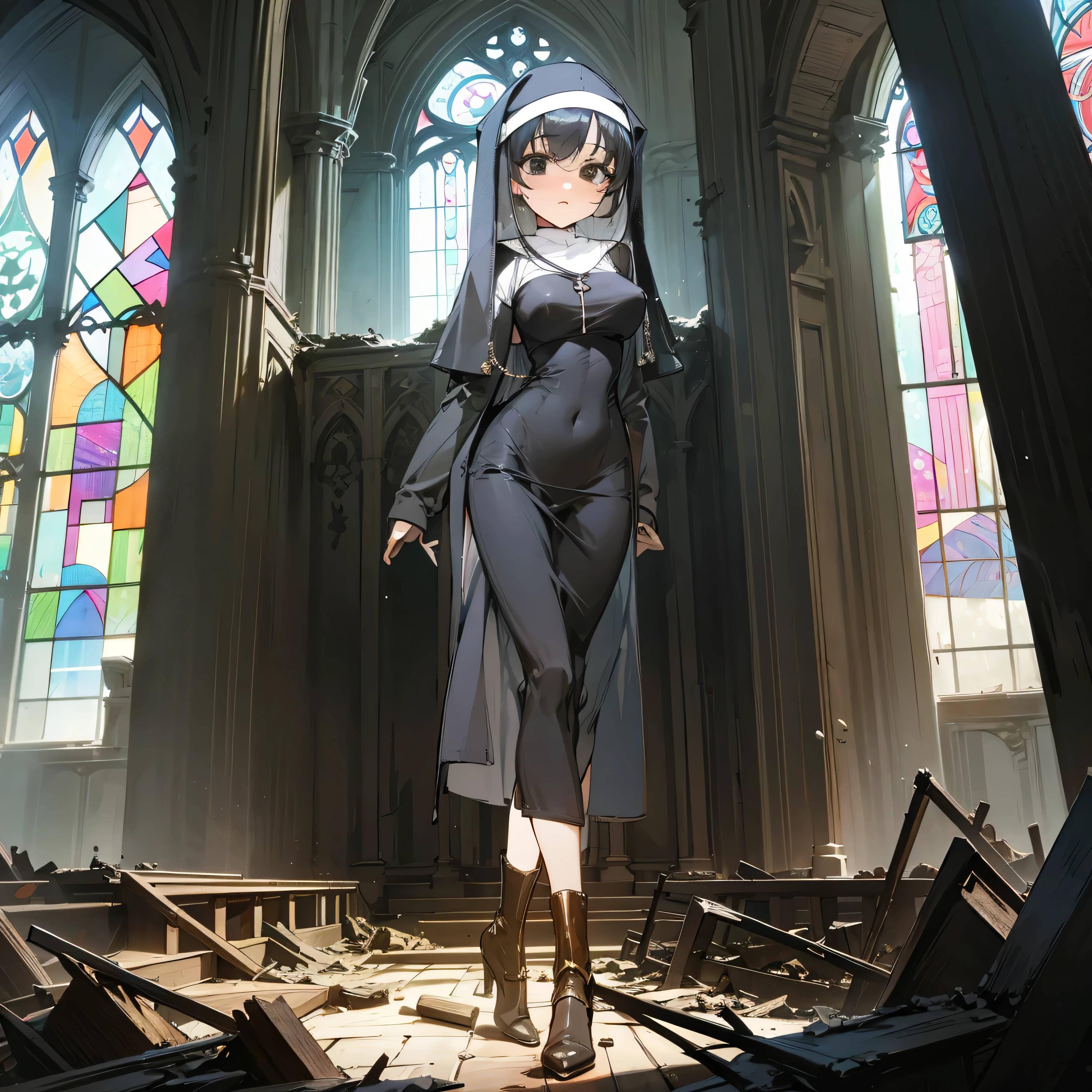 (solo), 1 skinny nun, sheer black nun's robe, large breasts, BREAK, black short hair, long sidelocks, black eyes, BREAK, short torso, skinny waist, skinny long legs, BREAK, old rotten church, devastated ruin, stained glass