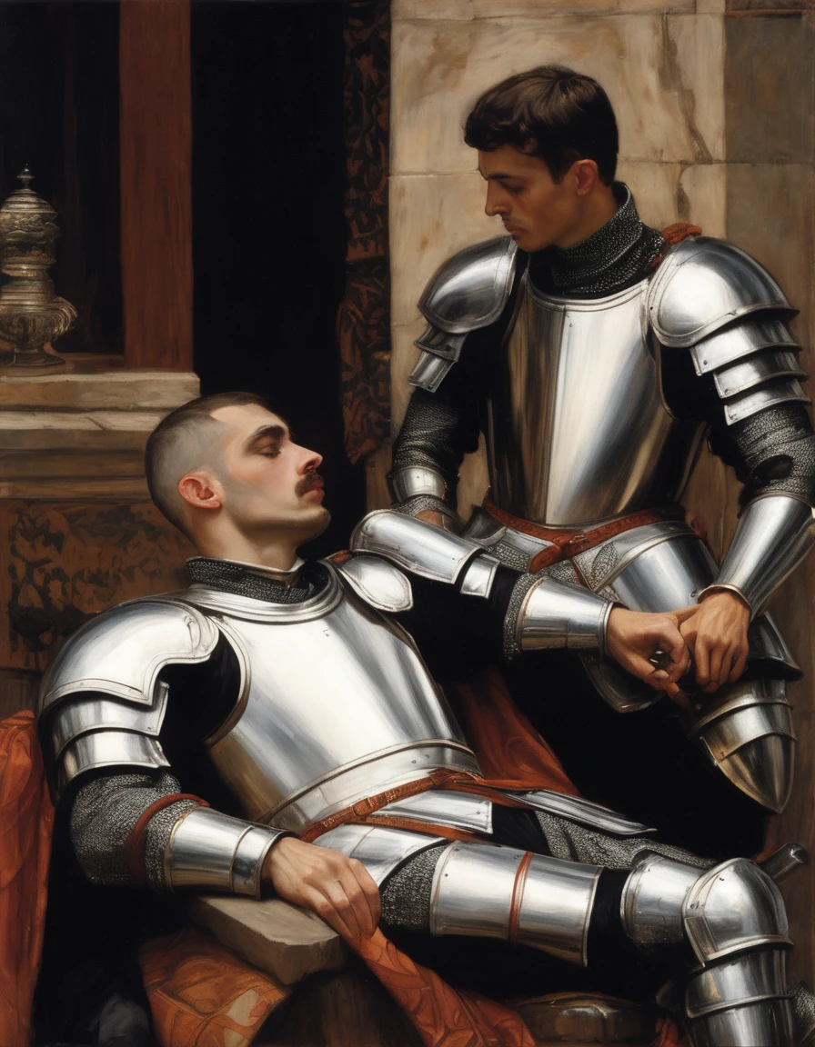 ((Masterpiece, best quality, oil painting, male focus)), ((by James Tissot, John William Waterhouse, J. C. Leyendecker)), (((the half body reclined portrait of 2 male knights, buzzcut, they are lovers staring each other, tense, bored and frustrated, blushing, sullen, holding hands)))