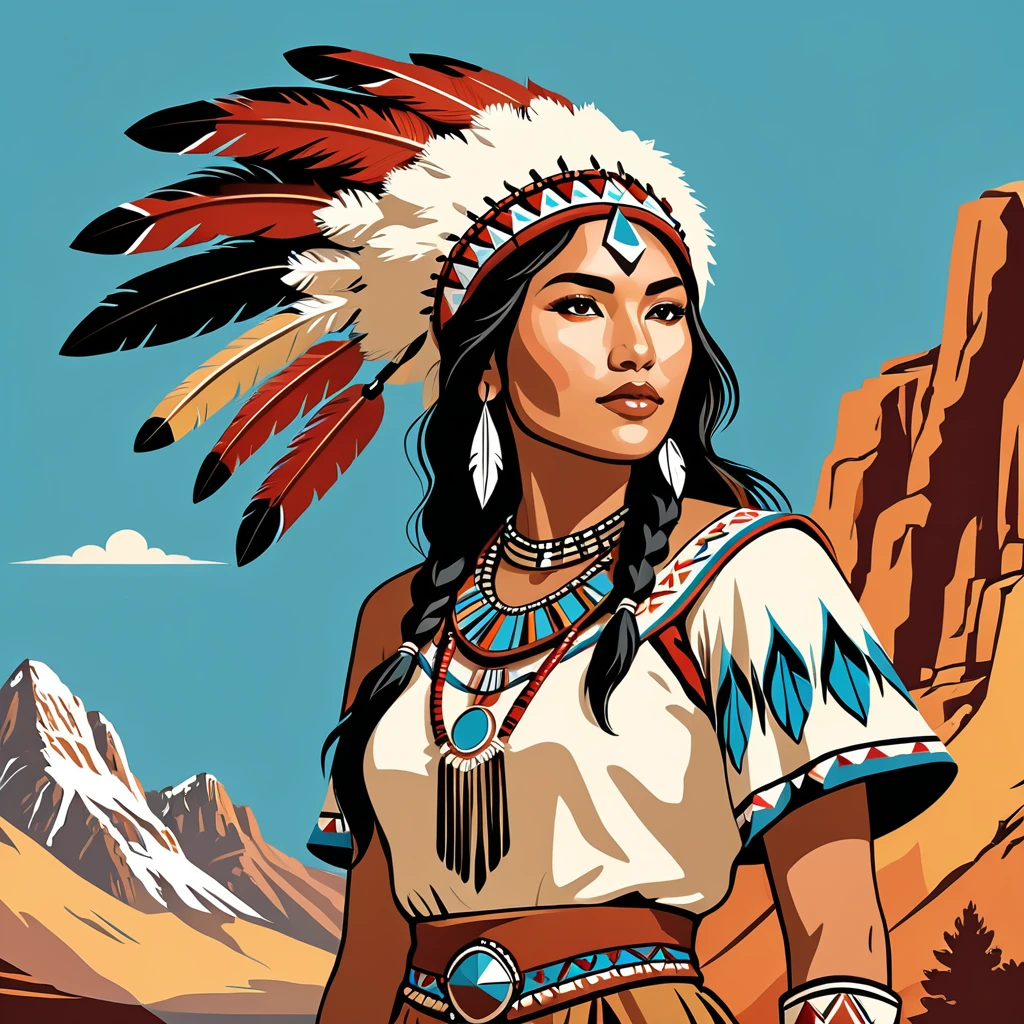 female pathfinder in native american folk outfit ,vector graphics, strong contours, logo design