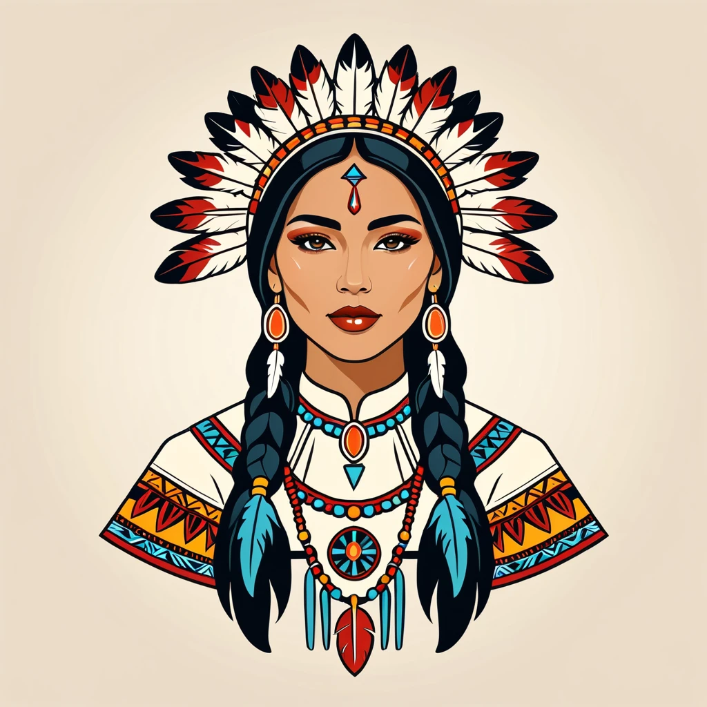 female priest in native american folk outfit ,vector graphics, strong contours, logo design