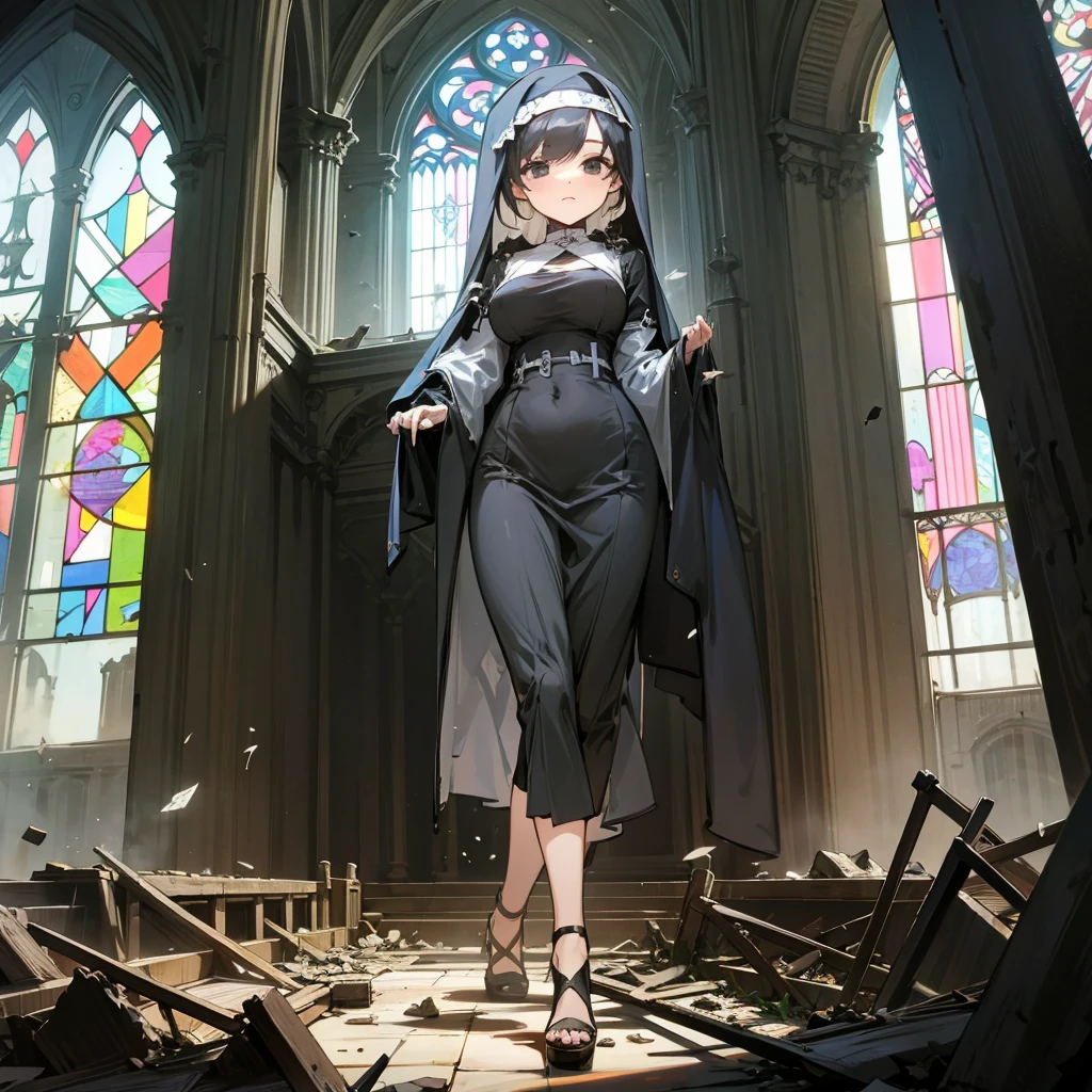 (solo), 1 skinny nun, sheer black nun's robe, large breasts, stiletto heels, BREAK, black short hair, long sidelocks, black eyes, BREAK, short torso, skinny waist, skinny long legs, BREAK, old rotten church, devastated ruin, stained glass