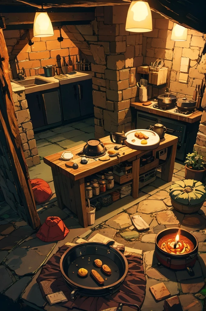 Cooking environment in an RPG cave with pans on the floor with food and sleeping bags with torches and candles