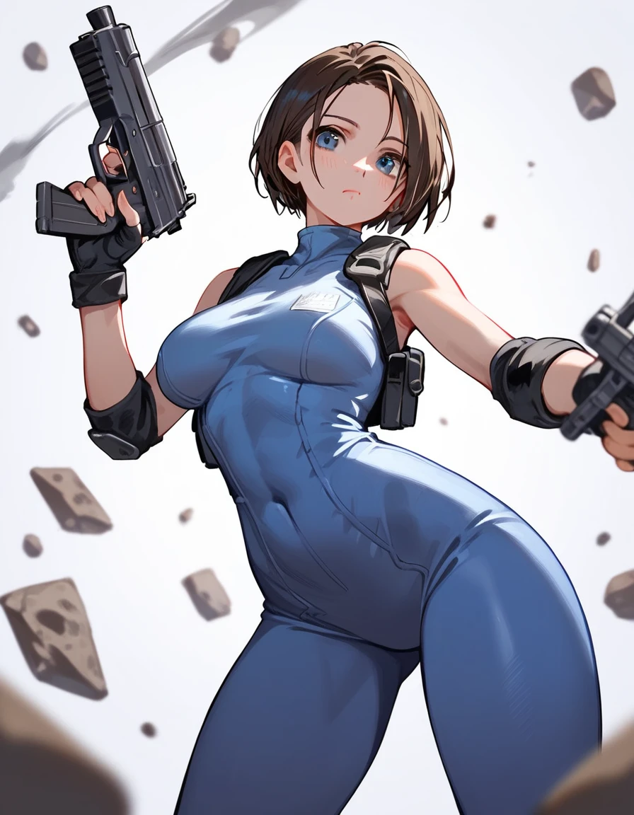 a cartoon picture of a woman in a blue bodysuit holding a gun, glamorous jill valentine, thicc, female protagonist 👀 :8, video game fanart, yayoi kasuma, by Okada Beisanjin, perfectly shaded body, makoto shinka, high quality fanart, cel - shaded art style, oppai, cute sexy girl wearing tank suit, anatomically correct, super detail, high quality, 4K