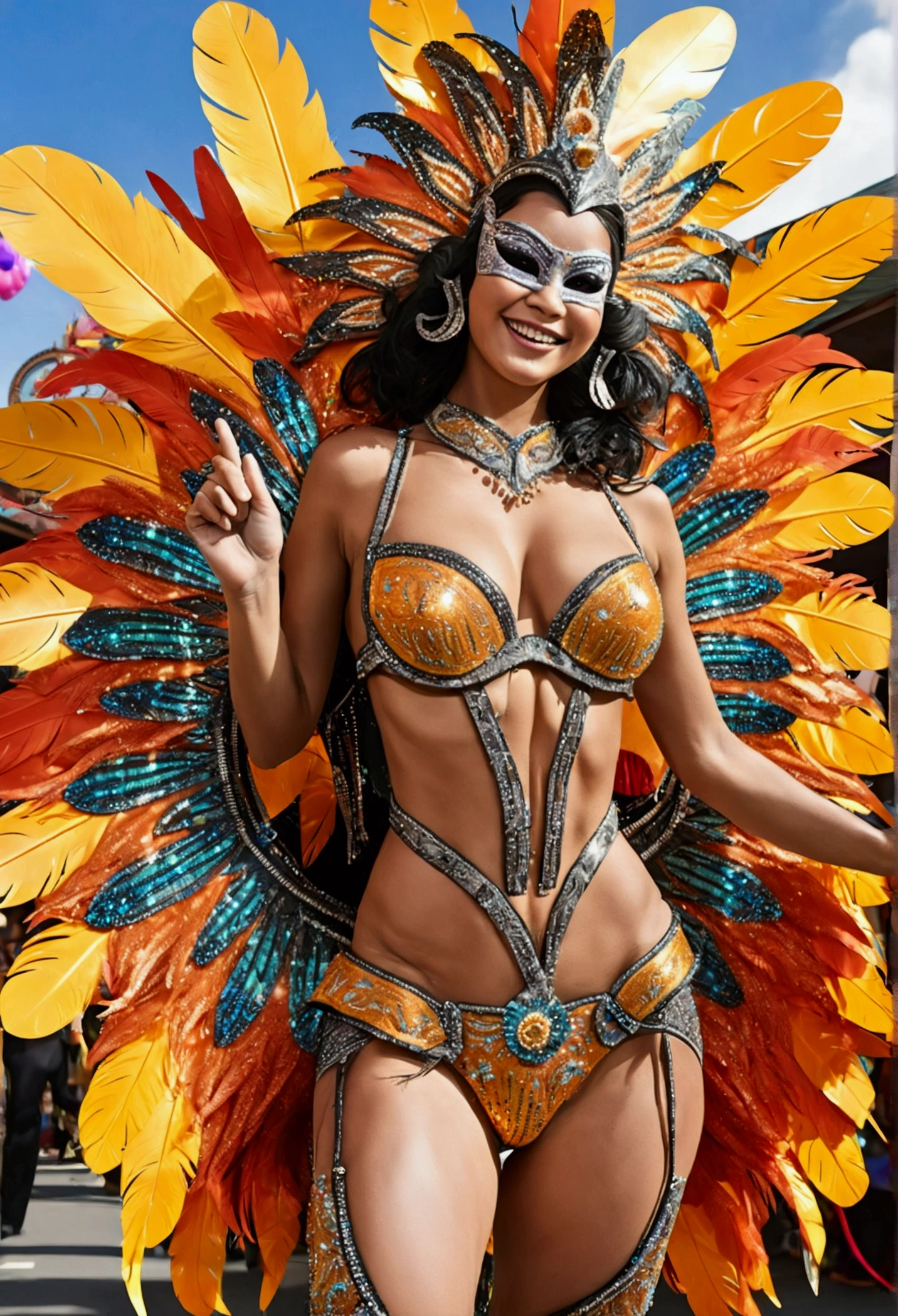 8k、Ultra-high resolution、Highest quality、Tabletop、Ultra-high resolution(Super huge giant chest、Toned body:1.18)、(Samba Carnival Costume with Feathers:1.5)(Short black hair:1.1)、Japanese women、very cute、Cute Smile、(((Showing pussy)))、(((Showing nipples)))、(Showing anal)、(((Open pussy)))、Squat、Spread your legs,High Kick、bikini、Outdoor、a sunny day、Many people々、Dancing the Samba