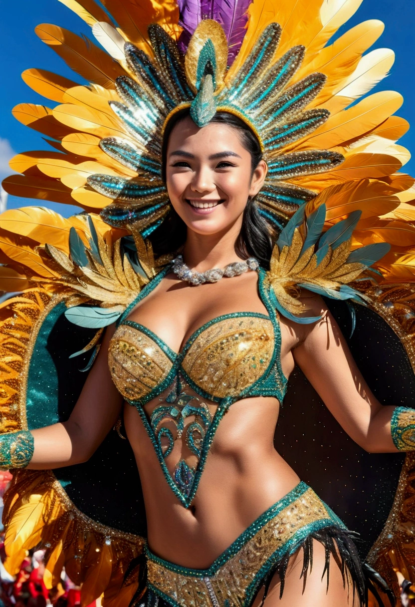 8k、Ultra-high resolution、Highest quality、Tabletop、Ultra-high resolution(Super huge giant chest、Toned body:1.18)、(Samba Carnival Costume with Feathers:1.5)(Short black hair:1.1)、Japanese women、very cute、Cute Smile、(((Showing pussy)))、(((Showing nipples)))、(Showing anal)、(((Open pussy)))、Squat、Spread your legs,High Kick、bikini、Outdoor、a sunny day、Many people々、Dancing the Samba