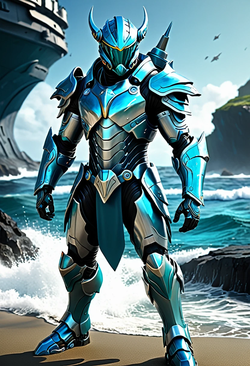 Create a powerful, futuristic sea warrior avatar with advanced technology integrated into the armor. Maintain a strong, heroic physique and facial features. Incorporate aquatic themes such as sea creatures or waves subtly into the design. Use a color scheme that includes shades of blue, turquoise, and silver. The character should emanate a sense of strength and dominance, with a touch of mythical aura.