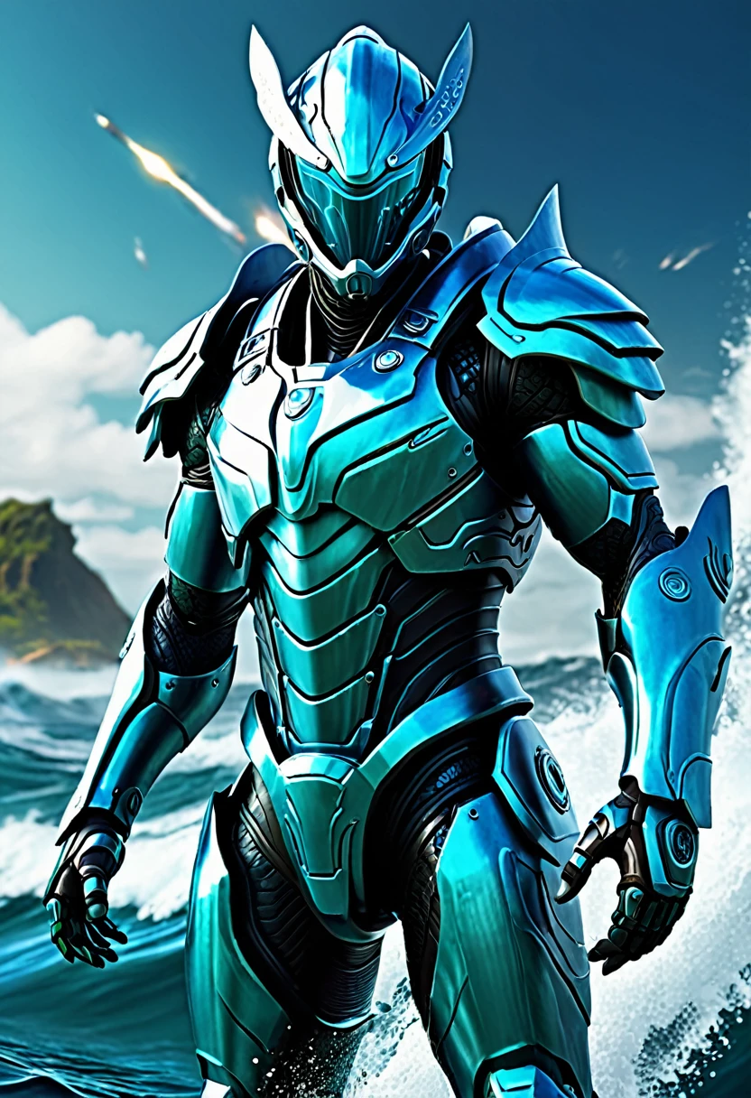 Create a powerful, futuristic sea warrior avatar with advanced technology integrated into the armor. Maintain a strong, heroic physique and facial features. Incorporate aquatic themes such as sea creatures or waves subtly into the design. Use a color scheme that includes shades of blue, turquoise, and silver. The character should emanate a sense of strength and dominance, with a touch of mythical aura.