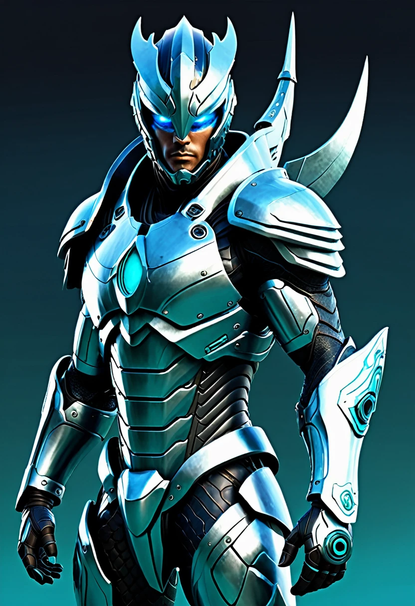 Create a powerful, futuristic sea warrior avatar with advanced technology integrated into the armor. Maintain a strong, heroic physique and facial features. Incorporate aquatic themes such as sea creatures or waves subtly into the design. Use a color scheme that includes shades of blue, turquoise, and silver. The character should emanate a sense of strength and dominance, with a touch of mythical aura.