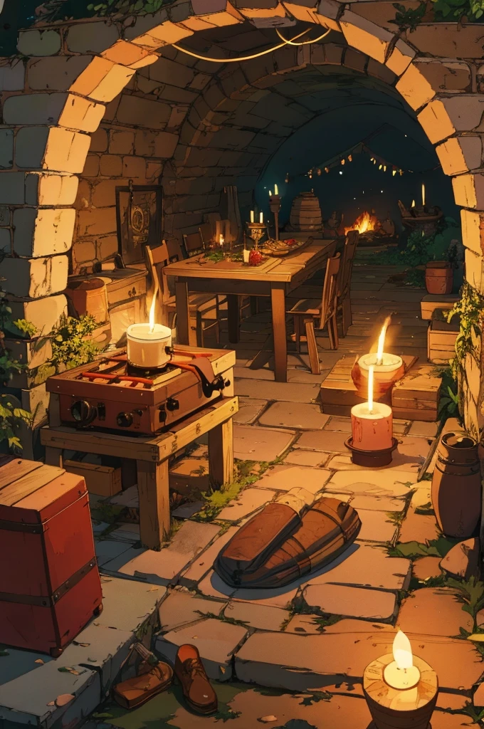 Cooking environment in an RPG cave with pans on the floor with food and sleeping bags with torches, candles and bonfires