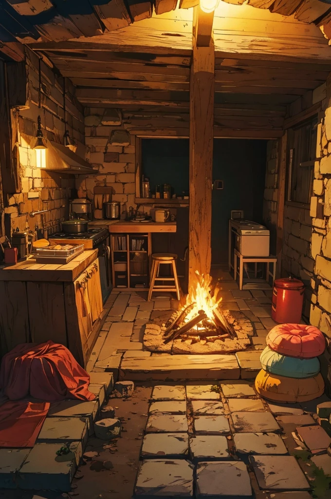 Cooking environment in an RPG cave with pans on the floor with food and sleeping bags with torches, candles and bonfires