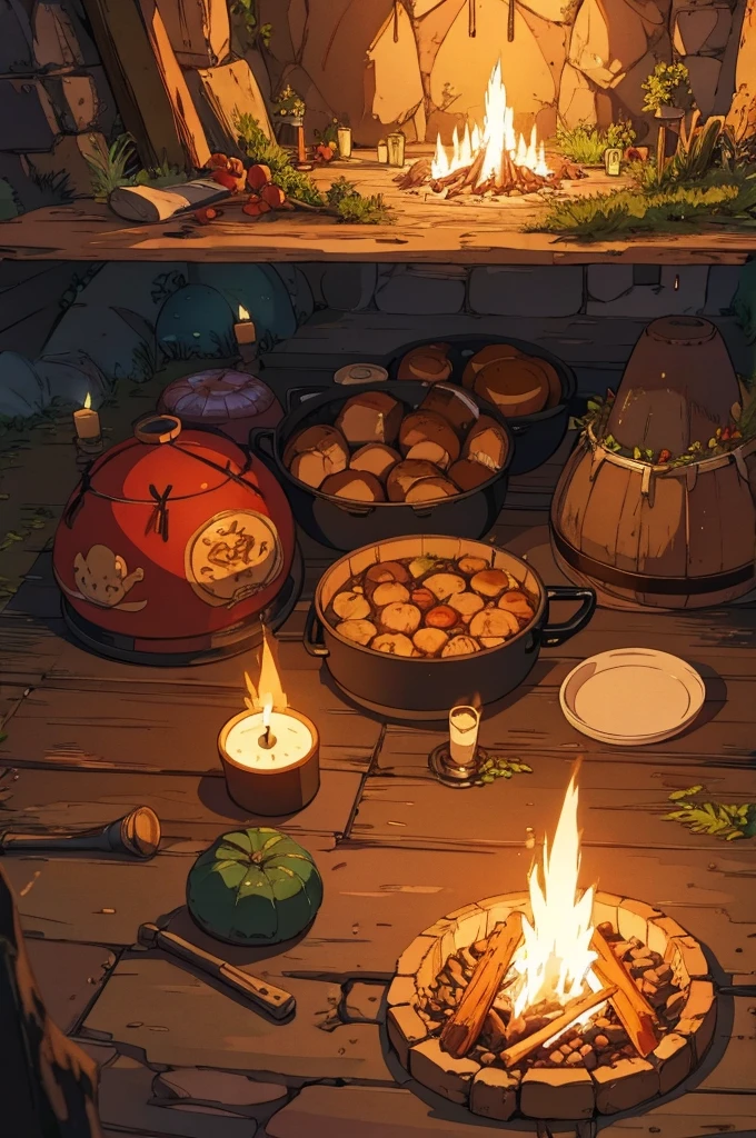 Cooking environment in an RPG cave with pans on the floor with food and sleeping bags with torches, candles and bonfires
