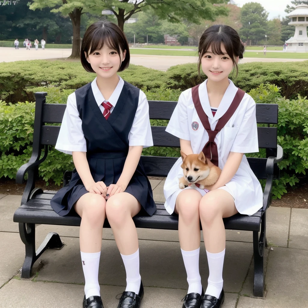 Please create a high school girl wearing a Japanese uniform.。Holding a medium-sized dog, Shiba Inu。Short hair、Dark brown、She has a gentle smile。Sitting on a park bench、There is a fountain in the background。(Highest quality、8k、masterpiece:1.3)、Very detailed、Real、High resolution