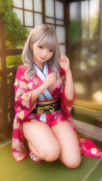 最high quality、high quality、Best image quality、8k、最High resolution、High resolution、最high quality、masterpiece、RAW Photos、whole body写真、Detailed and realistic human body、Detailed and realistic skin、Realistic face in every detail、Detailed and realistic eyes、Detailed and realistic lips、Detailed and realistic teeth、Detailed and realistic ears、Detailed and realistic hair、Realistic reproduction of every detail、((Beautiful Hands(thumb1、reference4))、Realistic feet down to the last detail、((Beautiful Japanese Girl))、(Japanese Model)、((18 year old beautiful girl))、(Silver Hair)、(Random Hairstyles)、((whole body))、((Slim and perfect figure))、(Beautiful and firm breasts)、(whole body光沢肌、Fair skin)、Soft natural light、kimono、Ninja costume、Japanese tradition、Japanese garden、((Colorful floral pattern(Ninja costume))、((Relax in the garden))、((Poses to make your thighs look beautiful))、((Anatomically correct limbs))、