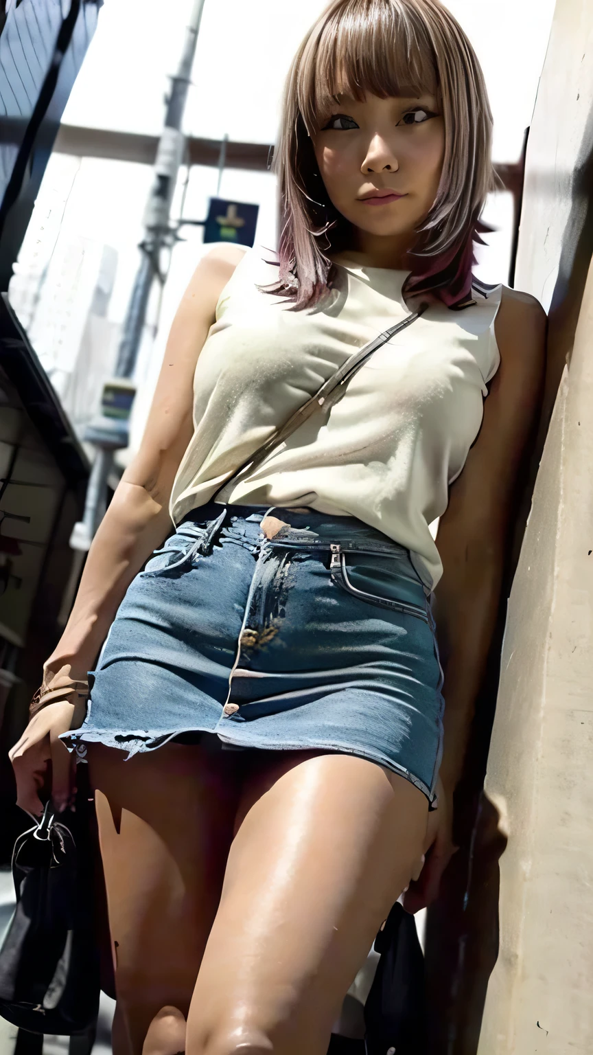 (Woman standing on the street in Tokyo:1.4)、(Realistic、Like a photograph、Live Action、8k, Realistic, RAW Photos, Best image quality: 1.4), Single-lens reflex camera、RAW Photos, Highest quality, Realistic, Very detailed CG Unity 8k wallpaper, Written boundary depth, Cinematic Light, Lens flare, Ray Tracing, Realistic background、(equipped:1.5、Tight sleeveless shirt:1.4、Tight mini skirt:1.4、(Small breasts:0.5))、((Silver Inner Color Hair:1.1))、 1 female,Cute Japanese Girl、((whole body:1.5))、Long Hair:1.2、I like that style、stylish、Very detailed、Pay attention to the details、Perfect outfit、(Sunburned skin)、Beautiful legs:1.1、(View from below:1.3)、Accurate Arm、Meet on a street corner
