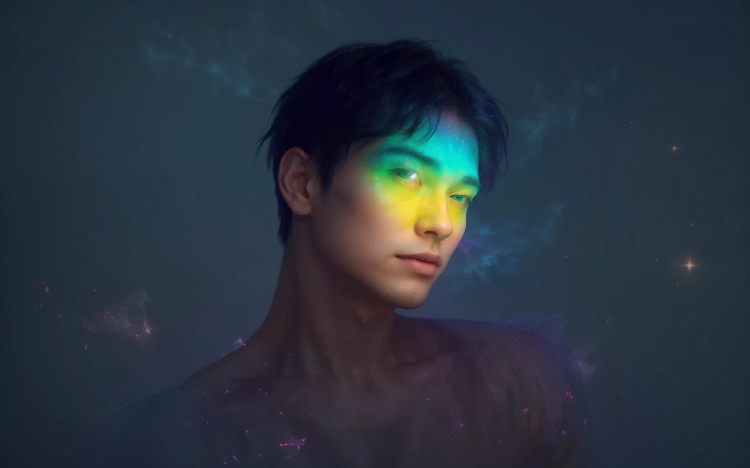 there is a man with a rainbow colored face and hair, inspired by Yanjun Cheng, inspired by Russell Dongjun Lu, inspired by jeonseok lee, yanjun chengt, glowing with colored light, glowing rainbow face, glowing face, by Russell Dongjun Lu, glowing aesthetic, by Yanjun Cheng, inspired by Yeong-Hao Han, human glowing,handsome young man, clean-shaven, unmade-up, prominent chest muscles, soft ethereal glow, rainbow light effects on face, dark foggy background, floating particles, cosmic elements, digital painting, highly detailed, smooth blending, realistic yet slightly fantastical, muted dark tones background, vibrant light effects, contrast between light and dark,A young, ethereal man with short, dark hair and a chiseled jawline, bathed in a soft, otherworldly light. The background is a dreamy, expansive scene with floating islands and ancient ruins, overgrown with luminescent vegetation. A vast, starry sky with swirling nebulae and distant planets forms the backdrop. Ethereal, glowing butterflies flit around the scene, adding a sense of magic and wonder. The color palette features deep blues, purples, and hints of green, creating a mystical, serene atmosphere reminiscent of WLOP's iconic fantasy art style.
