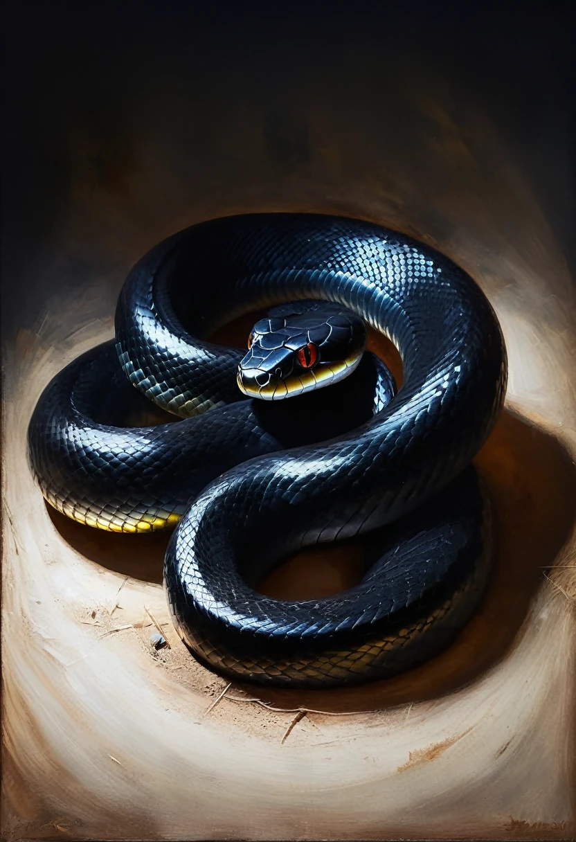 painting of a black dangerous poisonous snake curled up, sharp deep shadows. Inspiration, cinematic scene, volumetric lights, ultra realistic, in the style of nicola samori