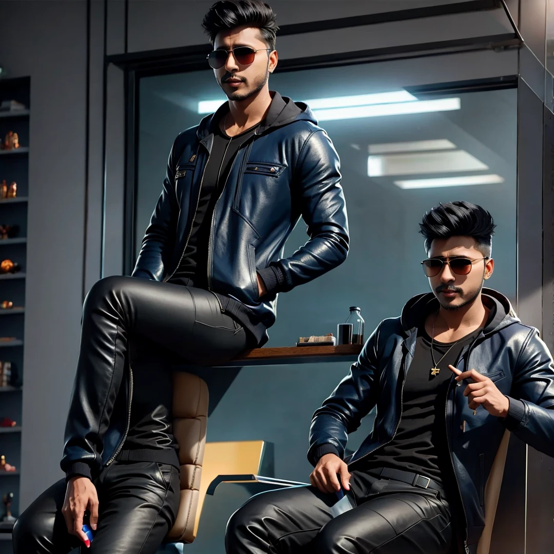 dark blue HUD aviator sunglasses,  young Nilesh with black hair and drinking glass and cigarette in hand sitting on coach dressed in cyberpunk clothes wearing black raincoat, beautiful digital painting, artstation