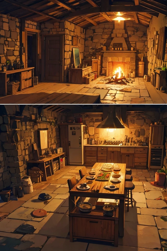 Cooking environment in an RPG cave with pans on the floor with food and sleeping bags with torches, candles and bonfires