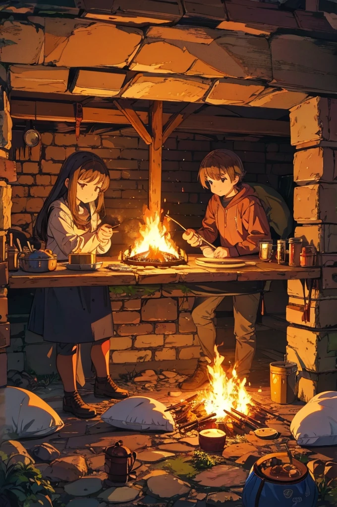 Cooking environment in an RPG cave with pans on the floor with food and sleeping bags with torches, candles and bonfires