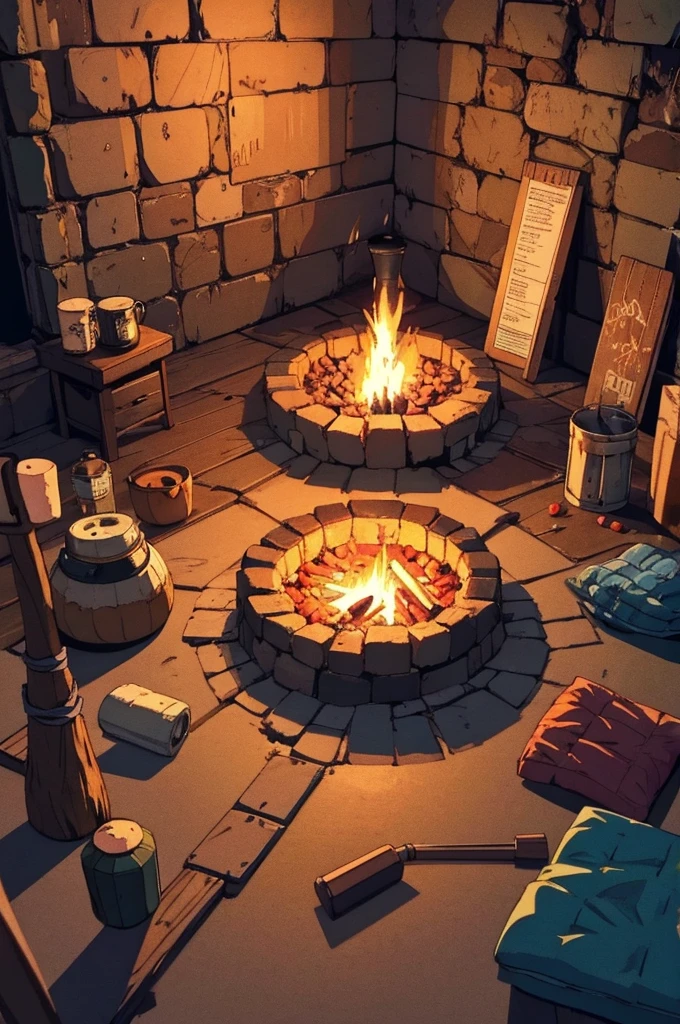 Cooking environment in an RPG cave with pans on the floor with food and sleeping bags with torches, candles and bonfires