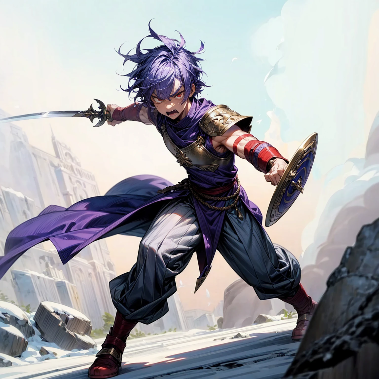 Boy, muscle, Full background in snow Castle, red eyes, angry, angry eyes, short Curly hairstyle, purple colour hair, motion blur, lighting, gold armor, sword in hand, Shield in hand, boots, ancient Greek clothing, smoke effect, angry, angry eyes