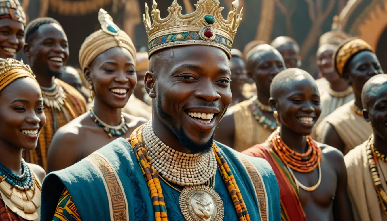 highly detailed closeup portrait of a regal african king wearing an ornate crown, standing before a pale-skinned albino princess, with a crowd of laughing africans in the background, wakanda inspired tribal african setting, ultra realistic, 8k, hdr, cinematic lighting, dramatic shadows, vibrant colors, detailed facial features, ornate jewelry and accessories, flowing robes and attire, dynamic poses, photorealistic