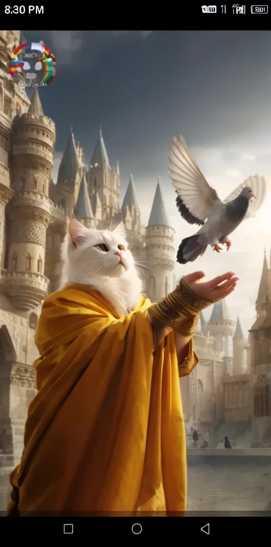 "A magnificent white cat stands on two legs, draped in an exquisite golden robe. She is releasing a pigeon, which soars in front of a grand medieval castle with towering spires. The intricate architecture of the castle is bathed in soft, golden light, creating a divine and ethereal atmosphere."