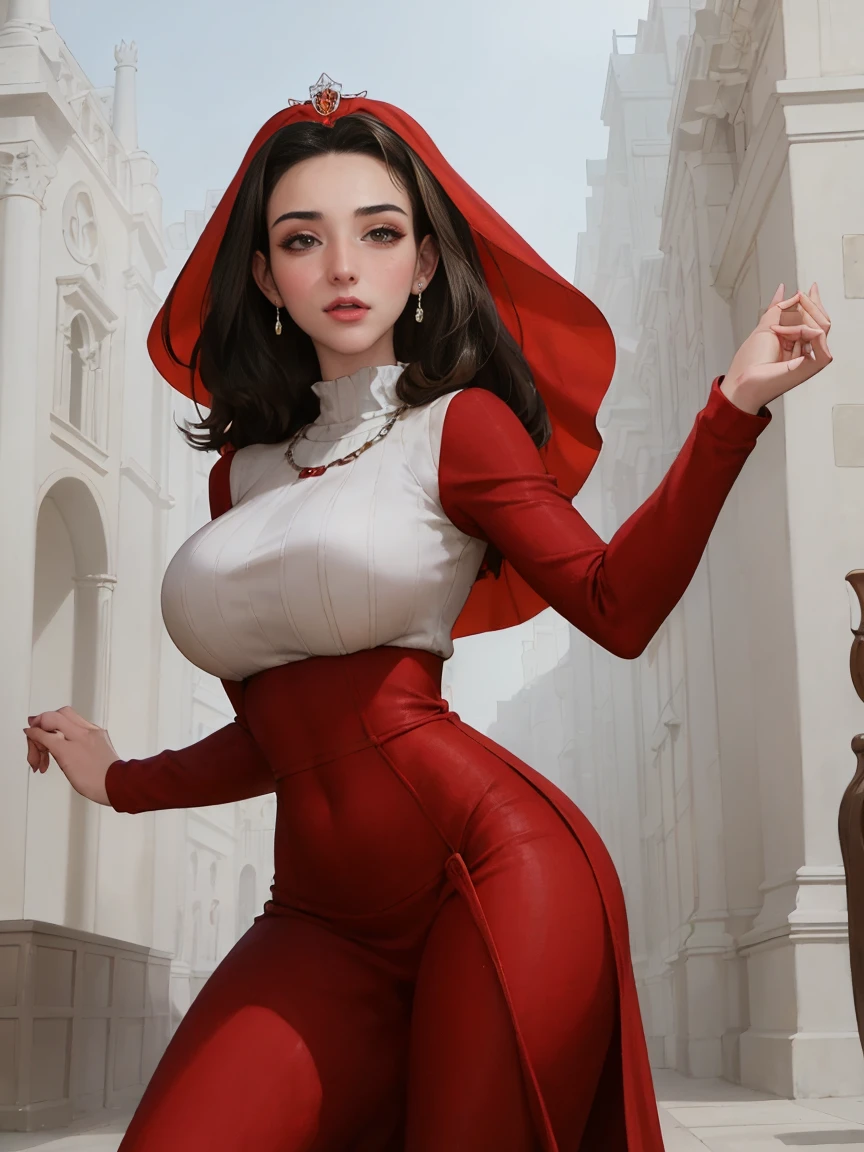 Gorgeous and sultry busty athletic (thin) brunette queen with sharp facial features wearing a dark red medieval dress, long sleeves, wide neck, crown, veil, long dress, modest dress, tight bodice, silver waist chain, medieval jewelry, Middle Ages, castle, rampart, wall, stained glass. massive .