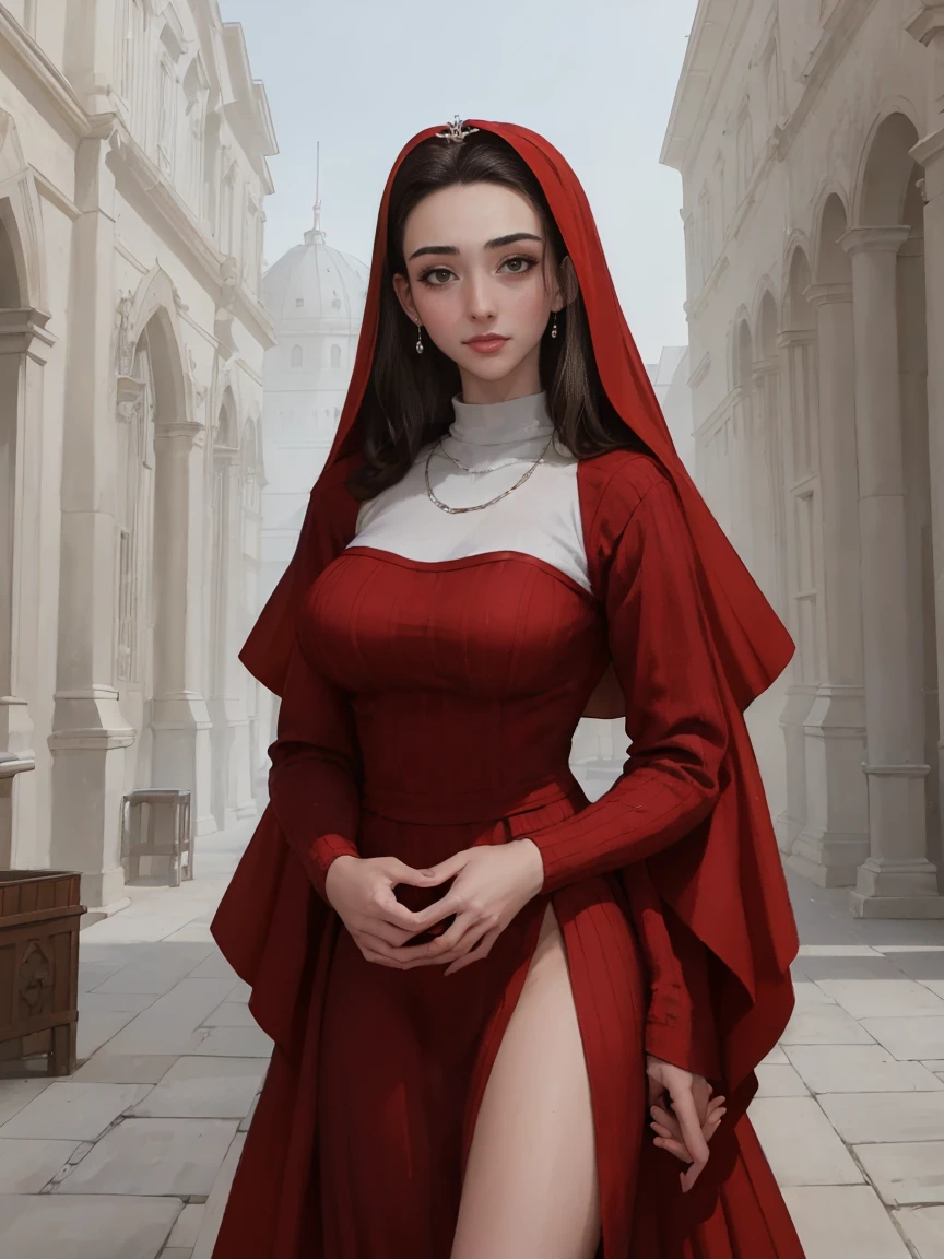 Gorgeous and sultry busty athletic (thin) brunette queen with sharp facial features wearing a dark red medieval dress, long sleeves, wide neck, crown, veil, long dress, modest dress, tight bodice, silver waist chain, medieval jewelry, Middle Ages, castle, rampart, wall, stained glass. massive .