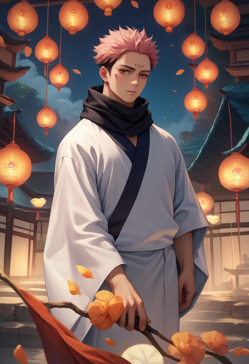 white kimono, wide sleeves, black scarf ryoumen sukuna