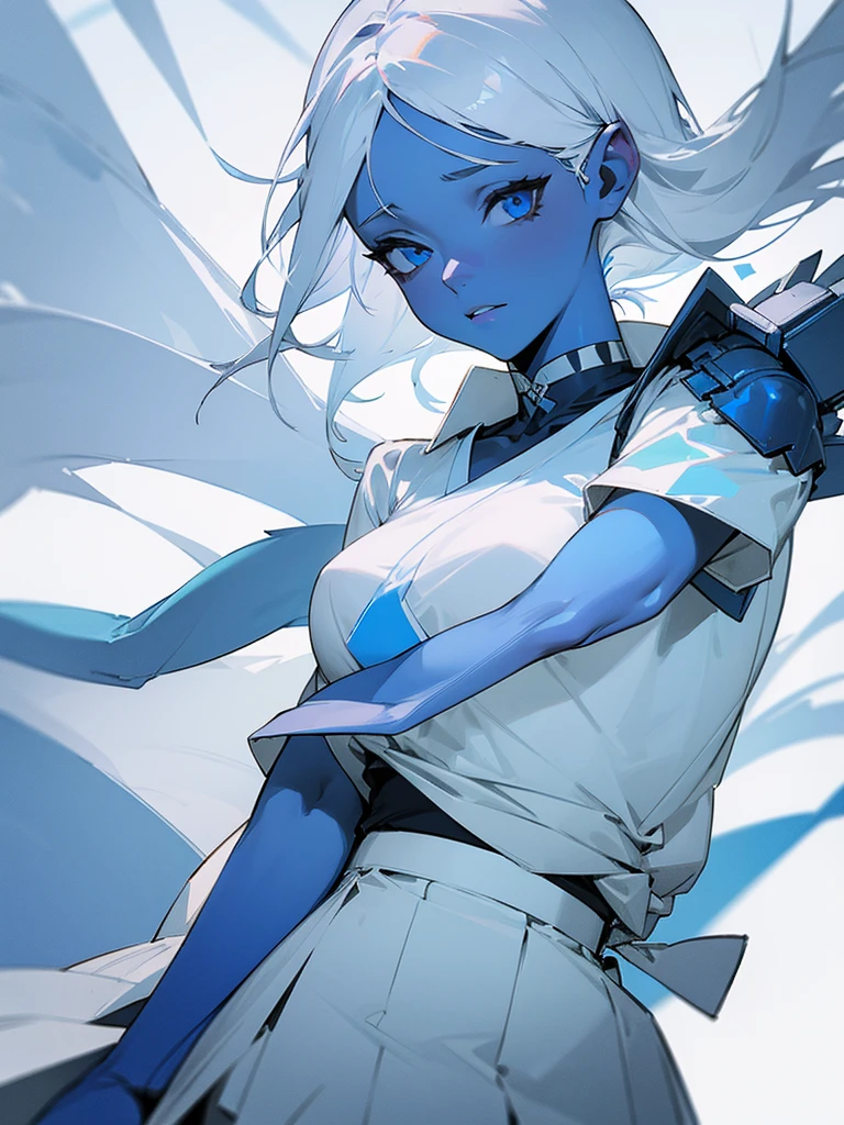 ((Blue skin)), (missing right arm), white skirt, greece white upper body clothes, girl, white hair